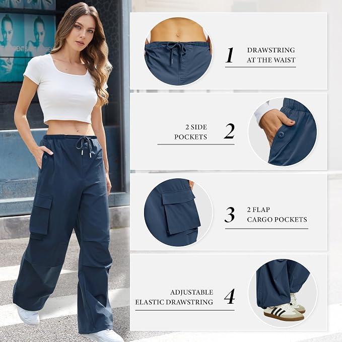 COPYLEAF Cargo Pants Women Low Waisted Parachute Pants with Pockets Loose Baggy Hiking Pants Y2K Clothes