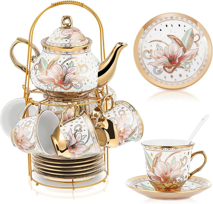 Zhehao 20 Pcs Porcelain Tea Set with Metal Holder and Spoon Adult Ceramic Tea Set European Flower Painting Teapot Cup Saucer Spoon for Women Mom Gift, Large Version (Traditional Style)