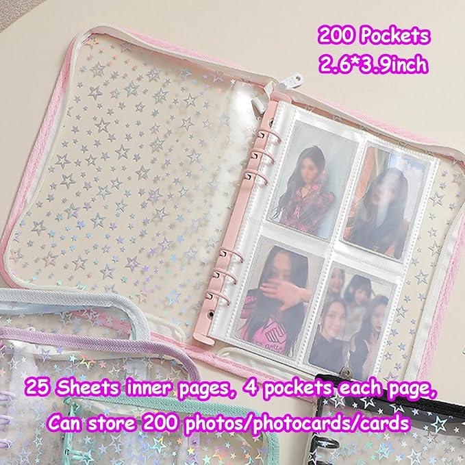 Kpop Photocard Binder with 6 Stickers Sheet & 50 Shinning Protective Card Sleeves Kpop Photocard Holder Book, A5 Binder Photocard Album 25 Inner Pages with 200 Pockets 6 Ring (Pink)