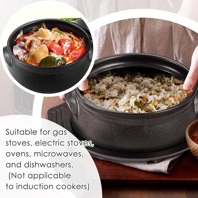 1 Pcs Korean Stone Pot Clay Cooking Pot Set Ceramic Sizzling Hot Bowl Korean Bibimbap Soup Dolsot Bowl with Lids for Ttukbaegi and Koreans Stew (84 oz)