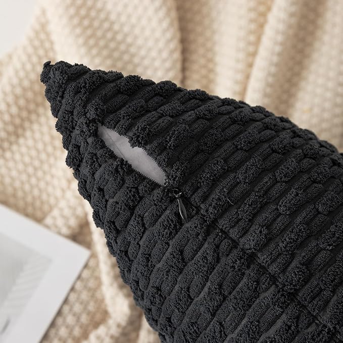 Kevin Textile Soft Corduroy 14"x24" Lumbar Pillow Cover 1 Pack, Black | Boho Stripe Plush Corduroy Decorative Oblong Cushion Cover Modern Farmhouse Home Decor for Sofa Couch Bed Chair