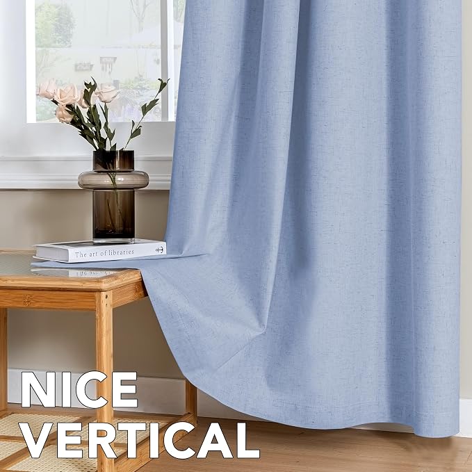 H.VERSAILTEX Linen Curtains 100% Blackout Curtains for Bedroom 90 inch Long Full Light Blocking Nature Linen Blended Window Curtains for Living Room Nickel Grommet (2 Panels, Heathered Chambray Blue)