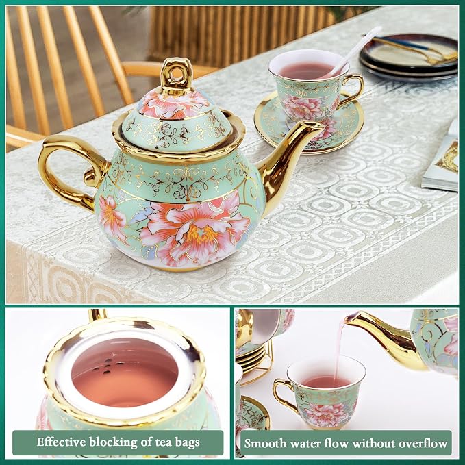 20 Pcs Porcelain Tea Set with Metal Holder, Adult Tea Set Gift, European Ceramic Tea Set for Adults, Enamel Flower Tea Cup Saucer Set for Party With Gold Flower Painting (Fresh Green)