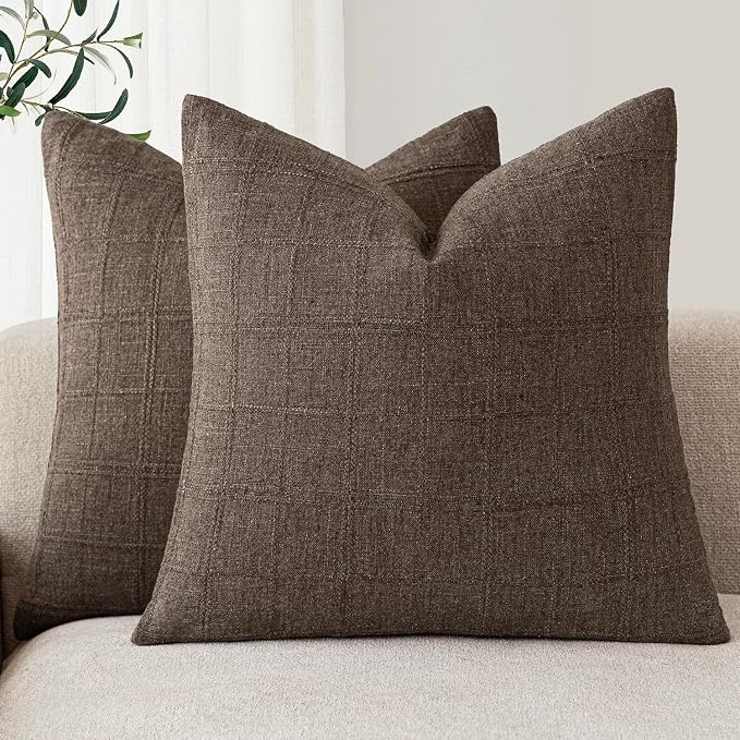 Foindtower Set of 2 Decorative Linen Check Throw Pillow Covers Neutral Farmhouse Vintage Cushion Covers Modern Boho Home Decor for Sofa Chair Couch Bedroom Living Room,26×26 Inch,Dark Brown