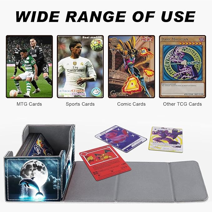 DEGDFSGR Card Game Storage Box forTCG MTG Deck Box Organizer Trading Case TCG Card Storage Box Magnetic Closure Creative Pattern Up to 200 Cards, Dolphin Moon Night
