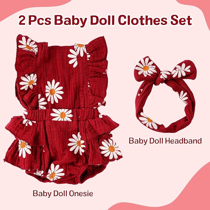 BABESIDE 2 Pcs Reborn Baby Doll Clothes with Headband for 17-22 Inch Dolls, Floral Patterns Reborn Baby Doll Accessories Set for Newborn Babydolls, Wine Red