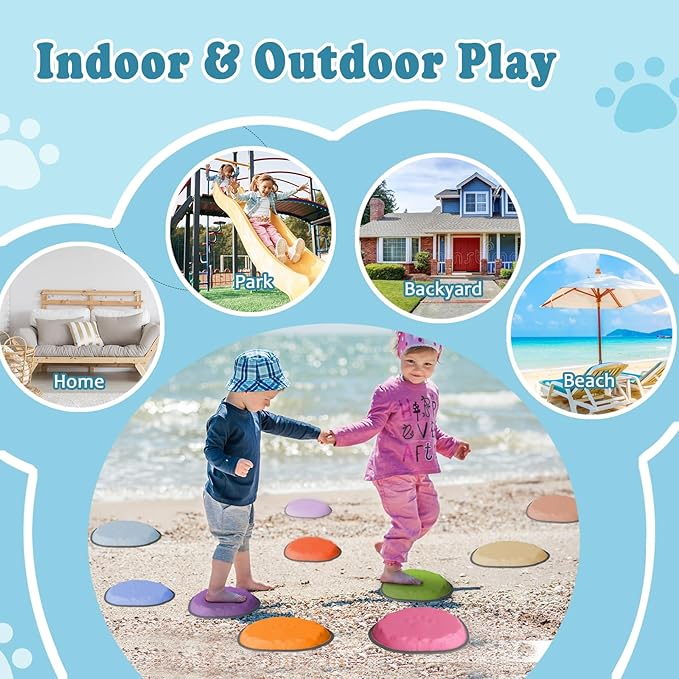 Stepping Stones for Kids, 10 PCS Non-slip Toddlers' Balance Sensory Toys, Indoor & Outdoor Play, Obstacle Course Game for Children Promoting Coordination and Motor Skills, Ages 3 4 5 6 7 8+ (10)
