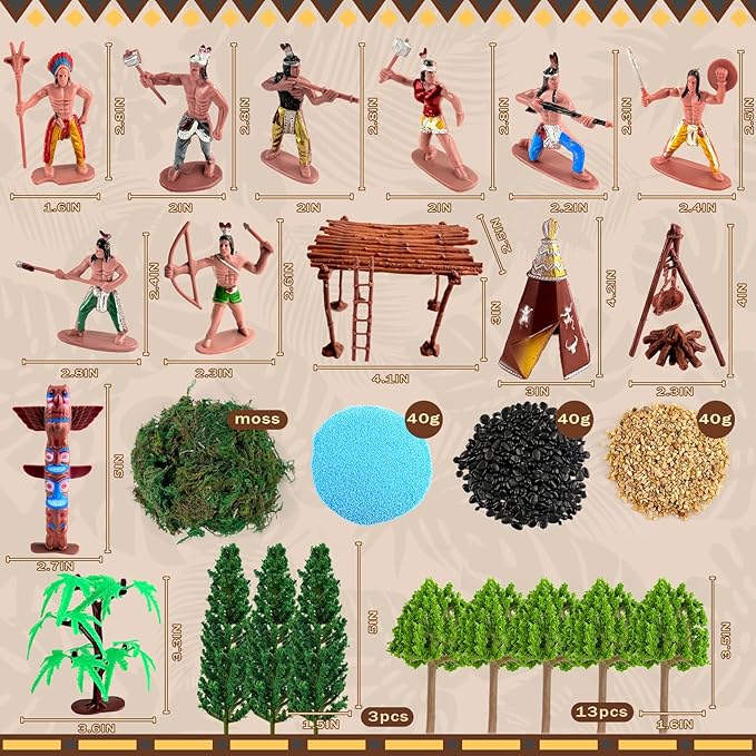 Native American Figurines Set 43 Pcs Plastic Miniature Indian Figure Toys Indian Figurines for Kids Includes Moss, Trees, Sand, Stones, Indians Action Figures for Projects Diorama Decor Birthday Gift