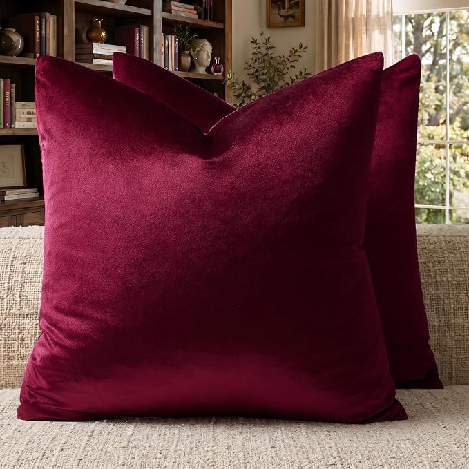 GIGIZAZA Burgundy Velvet Pillow Covers 20x20 Decorative Pillows Pack of 2 | Red Throw Pillows for Couch Sofa,280gsm Soft Textured Fabric,Modern Square Pillowcases,Luxury Cushion Covers