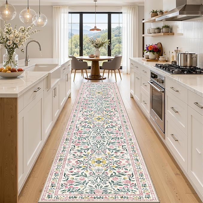 Runner Rug for Entryway: 2.6x14 Kitchen Rugs Non Slip Washable Ultra-Thin Soft Floral Carpet Indoor Floor Stain Resistant Carpets for Hallway Bedroom Kitchen Laundry Bathroom Dorm Pink/Green