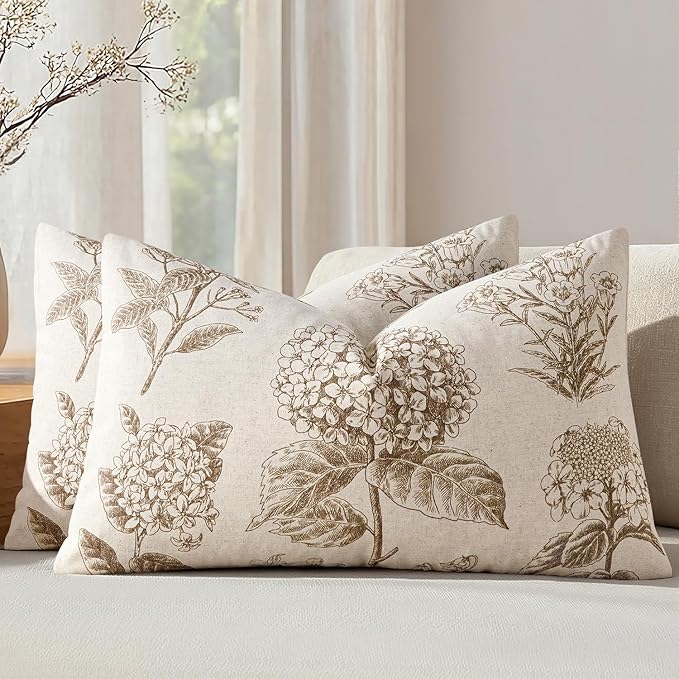 Set of 2 Lumbar Floral Pillow Covers 12x20 Inch Light Brown | Decorative Neutral Hydrangea Print, Boho Vintage Throw Pillows, Cottagecore Home Decor, for Sofa Couch Porch Bed Living Room