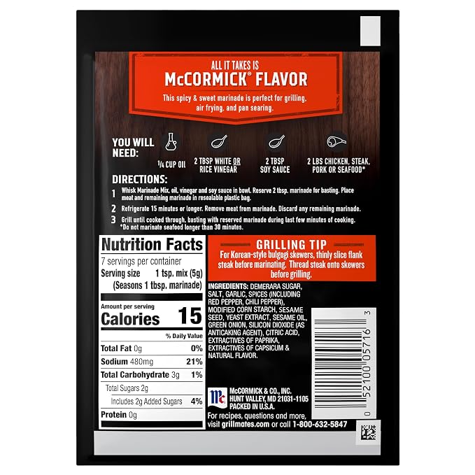 McCormick Grill Mates Marinade Mix, Asian BBQ, Korean-Inspired, 15 Minute Marinade for Chicken, Steak, and More, 1.25 oz (Pack of 12)