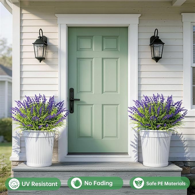 Gipsot 15 Bundles UV Resistant No-Fade Outdoor Artificial Plants & Flowers, Adjustable Height Fake Lavender Flowers Indoor & Outdoor Decor for Garden Patio Pathway Hanging Planter Front Porch