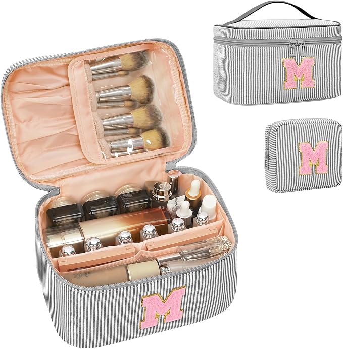 MONSTINA Mom Gifts for Mom, Personalized Initial Makeup Bag Cosmetic Bags for Women Cute|Makeup Pouch Birthday Gifts for Mother,Birthday Gift for Her Cute Toiletry Bag,2PCS Black M