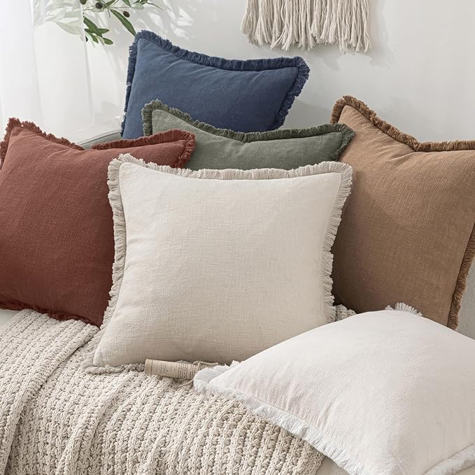 MIULEE Linen Fringe Decorative Fall Throw Pillow Covers Autumn Glaze 20x20 | Set of 2, Cottagecore Decor, Boho Farmhouse Neutral Pillow Covers, Rustic Fall Couch Cushion Cases for Sofa Bed Living Room
