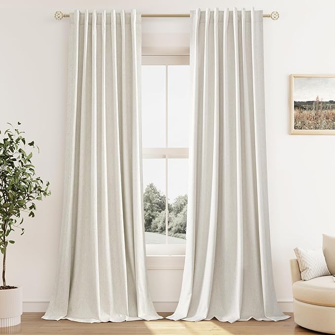 Guken 100% Blackout Linen Curtains for Bedroom 94 Inches Long Natural Cream Black Out Curtain Back Tab Thermal Insulated Room Darkening Window Drapes for Living Room 2 Panels Beige Ivory 52x94