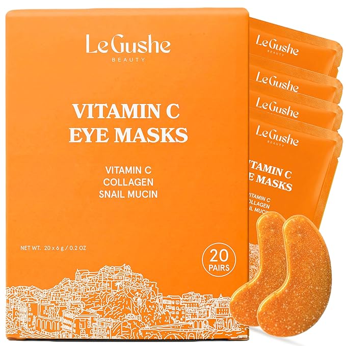 LE GUSHE Vitamin C Eye Patches with Collagen and Snail Mucin, Aloe Vera Eye Patches for Puffy and Dark Undereyes, Korean Skincare for All Skin Types, 20 Pairs