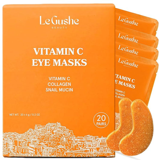 LE GUSHE Vitamin C Eye Patches with Collagen and Snail Mucin, Aloe Vera Eye Patches for Puffy and Dark Undereyes, Korean Skincare for All Skin Types, 20 Pairs