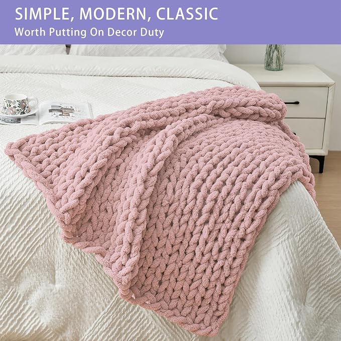 Bigacogo Chunky Knit Throw Blanket for Couch, 40x40 inches, Dusty Pink | Hand Knit with Jumbo Chenille, Soft Breathable Cable Knit for Sofa Bed Living Room, Machine Washable, Gift for Mom Friend