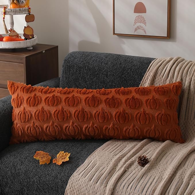 DFXSZ Fall Pillow Covers 14x36 2Pcs Rust Pumpkin Fall Decorations for Home | Fall decor Set of 2 Throw Pillow Cases Soft Plush Faux Fur Wool Couch Cushion for Chair Sofa Bedroom Living Room Home Decor