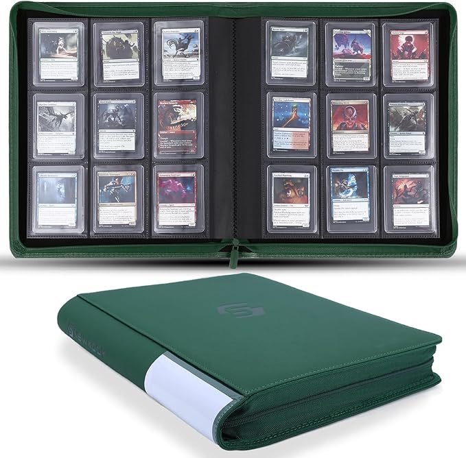 Snekdy Top loader Binder, 9 Pockets Top Loader，Holds 360 Top Loaders cards, Card binder with Sleeves for card in 3 x 4 inch color smooth Zipper PU Leather (Green)