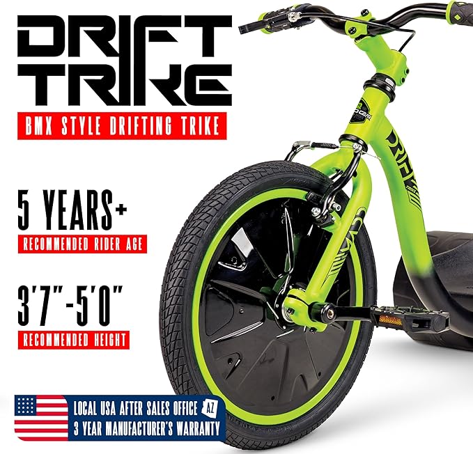 Drift Trike for Kids Ages 5+ 16" Front Wheel Ride-On with Adjustable Seat, Steel Frame, Rear Slick Drift Wheels & Safety Flag – Madd Gear Green Black