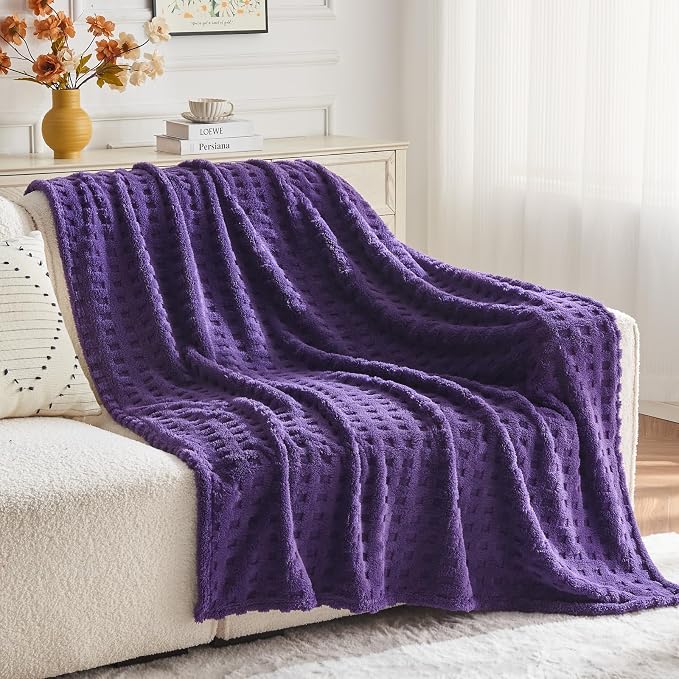 NEWCOSPLAY 3D Waffle Checkered Flannel Twin Blanket, Dark Purple, 60"x80" | Super Soft Cute Lightweight Decorative Premium Silky Fleece Blanket for Couch Sofa Bed, Gift for Women Men, All Season Use