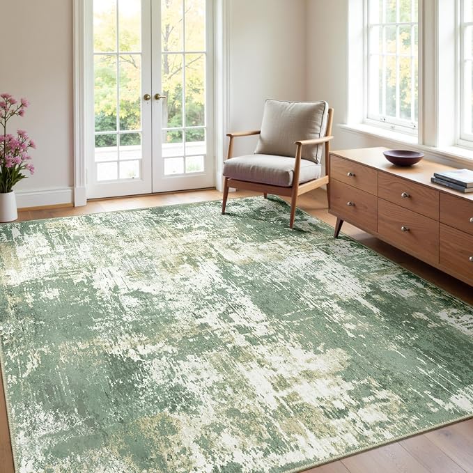 RELEANY Washable 4'x6' Abstract Area Rug for Living Room Light Green | carpet for bedroom, kitchen, office, hallway and entryway, printed pattern, non-slip, soft, stain-resistant, easy to clean