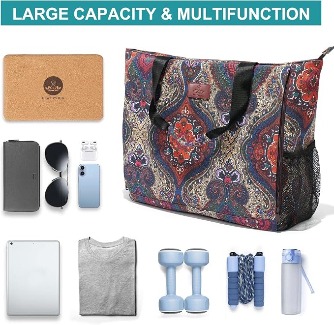 Heathyoga Multi-Functional Yoga Mat Carrier Gym Tote Bag - Large Mat Pocket, Women's Workout Bag