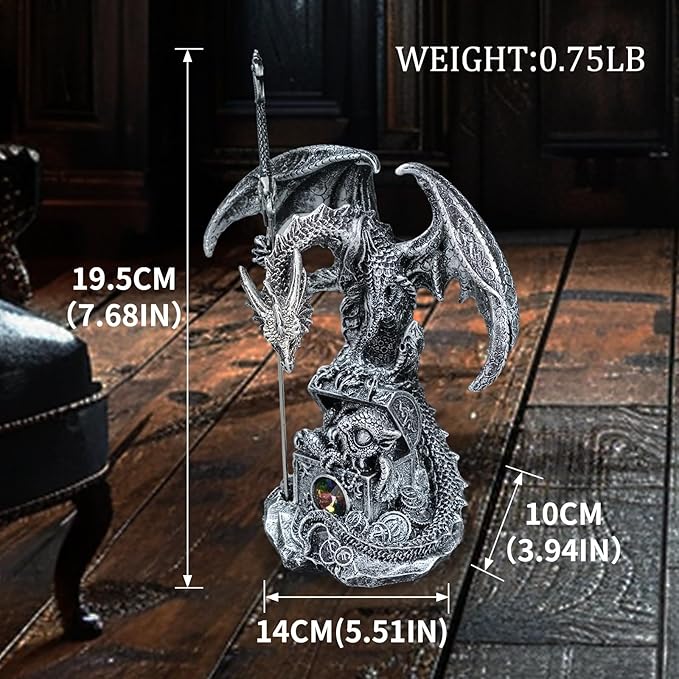 Fantasy Dragon Statue with Draconian Sword Letter Opener Figurine Collectible Dragon Sculpture Resin Home Decor Gifts 7.68''H (Silver)