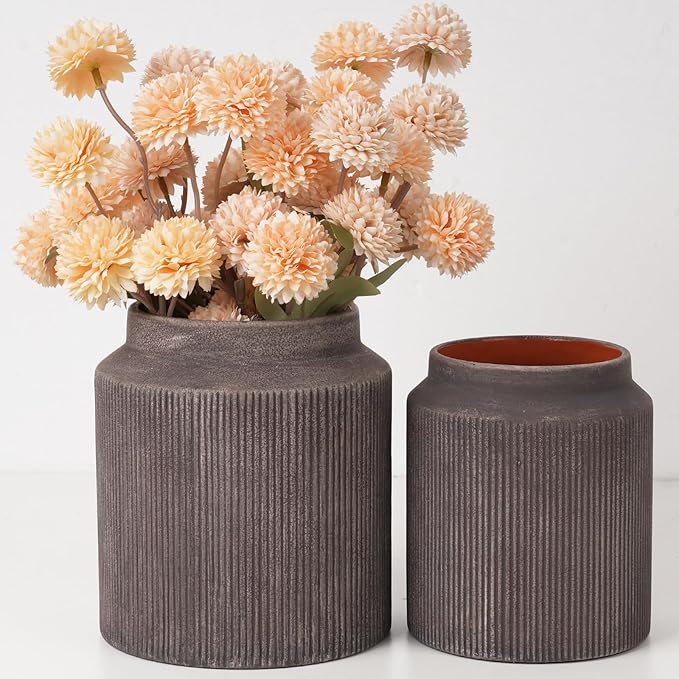 Rustic Ceramic Vase Set of 2, 5.9in Ceramic Flower Vase for Home Decor | Brown Terracotta Pottery Vase Decorative for Living Room, Coffee Table, Farmhouse, Fixwal