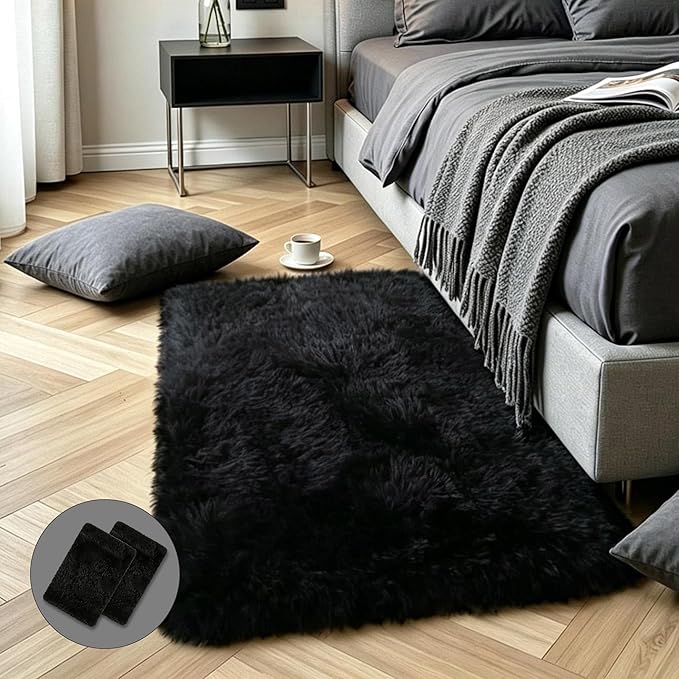 Black Fluffy Shag Rug 2x3, 2 Pcs Soft Plush Fuzzy Washable Non Slip | Cozy furry shaggy carpet for bedroom, living room, kids room, nursery, dorm, boys and girls