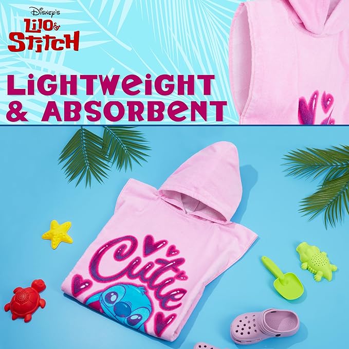 Disney Stitch Bath Towel with Hood for Kids Teenagers Absorbent Cozy Poncho Hooded Beach Towel Wrap for Beach Pool Swimming Bath Vacation Essentials (Pink Stitch, 6-9 Years)