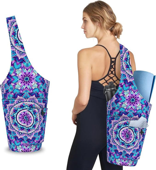 Mandala Yoga Mat Bag with Large Waterproof Zipper Pocket and Drawstring Pocket Long Tote Yoga Mat Carrier Holder Bags Fit Most Size Mats
