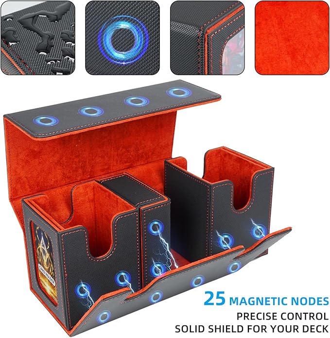 AFIING Mtg deck box with commander display- Fits 200 Double Sleeved Cards,3-in-1Card Deck Case,Strong Magnet Card Organizer For Magic Commander TCG CCG,4Dividers &2 Toploaders, Black/Red
