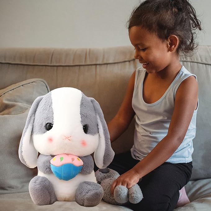 HOUPU Soft Toy - Sitting Lop Eared Rabbit, Easter White Rabbit Stuffed Bunny Animal with Carrot Soft Lovely Realistic Long-Eared Standing Pink Plush Toys (Ash White-Cake,8.6in/22cm)