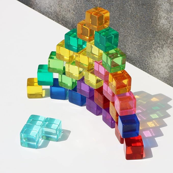 Candywood Rainbow Acrylic Gem Cubes Blocks Children Educational Sensory Training Crystal Toys Baby Learn Color Light Shadow Stacking Toys (30-Pcs)