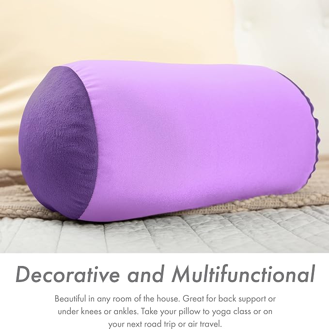 Microbead Bolster Neck Roll Pillow, Gently On Body, Head, Neck & Shoulders No Pain Rest, Relax Sleep - Silky Feel Prevent Wrinkles & Hair Breakage - Lightweight Cylinder, 14" x 8", Pale Purple