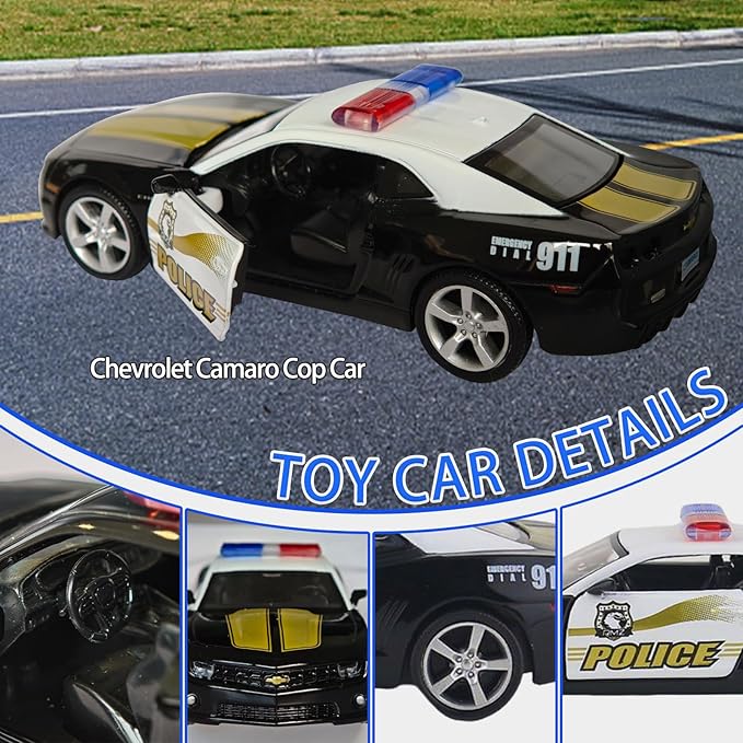OTONOPI 2 Packs Police Car Toys, 1/36 Die Cast Metal Car Model American Cop Car for Collectible, Police Vehicles Toy Set Challenger and Camaro Pull Back 5 inch City Rescue for Kids Boy Girl Age 3-12