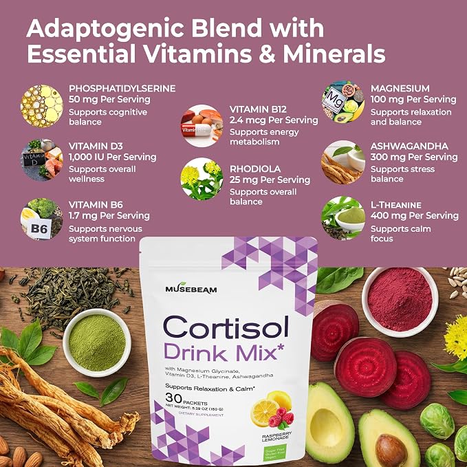 Musebeam Cortisol Calm Drink Powder Mix - Calming Stress Support Packets for Women Men with Ashwagandha Magnesium Glycinate - Relaxing Raspberry Lemonade Flavor for Healthy Cortisol Levels Relax Focus