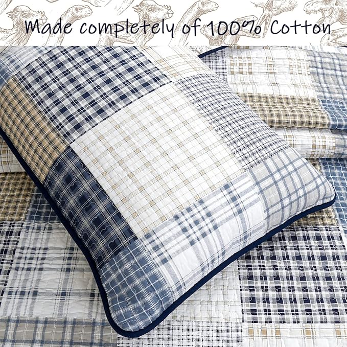 Cozy Line Home Fashions Benjamin Cute Dinosaur Plaid Navy Blue White Grey Bedding Quilt Set 100% Cotton Reversible Coverlet Bedspread Set for Kids Boy (Queen - 3 Piece)