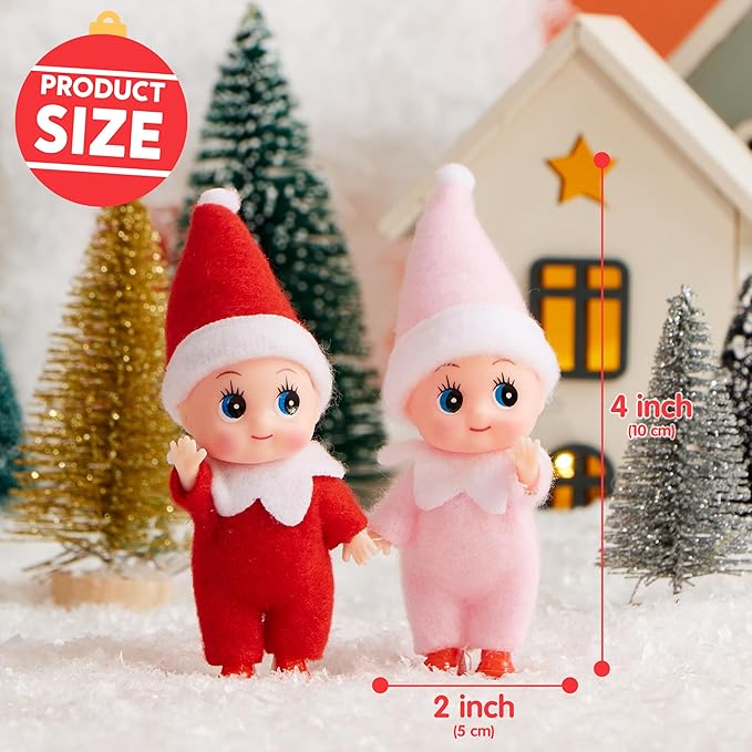 JOYIN 2PCS Christmas Elf Plush Doll, Red and Pink Tiny Soft Plush Elf Doll Accessories for Christmas Holiday Decorations, Dress-Up Party.