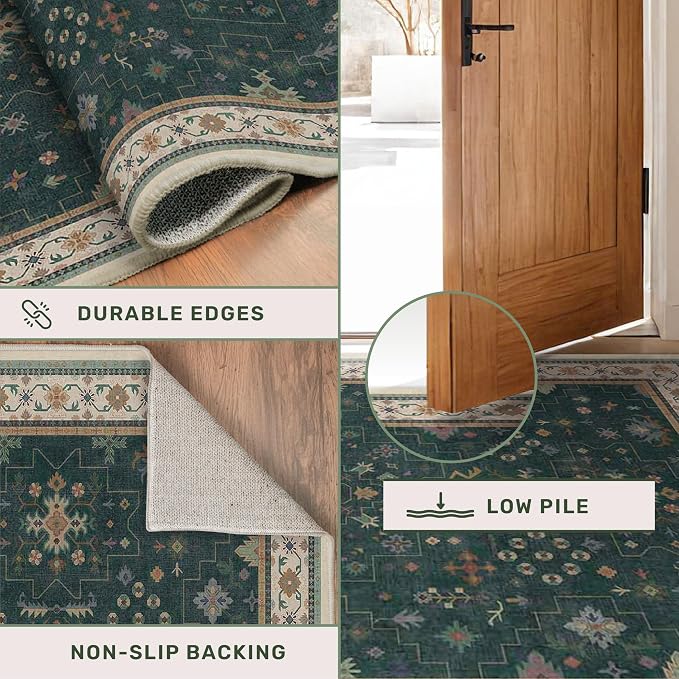 Hazo Haus Washable Dark Green Hallway Runner Rug 16 ft Long - 3x16 Modern Vintage Boho Long Wide Runner Rugs for Kitchen, Non-Slip Stain Resistant Low Pile Throw Rug Indoor Door Mat