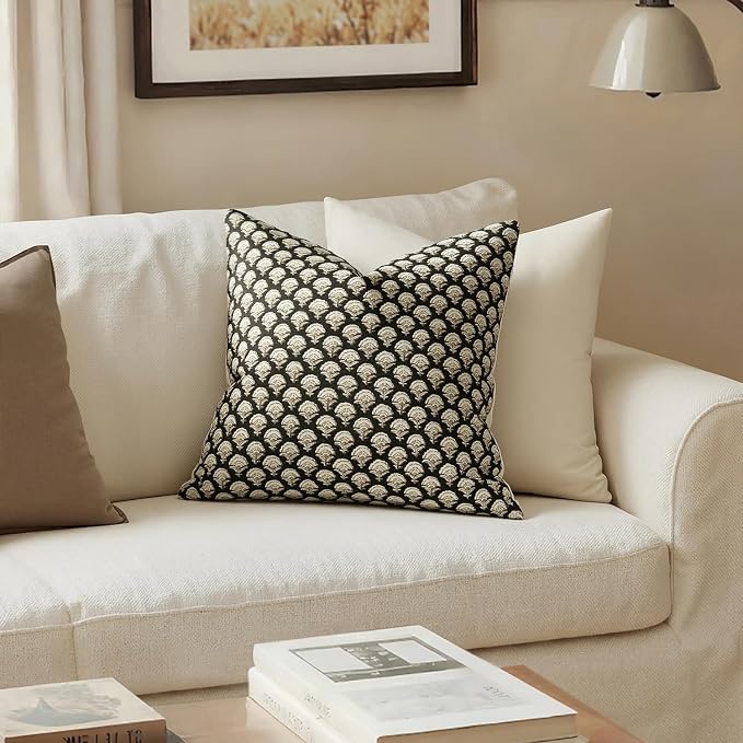 MIULEE Floral Print Decorative Pillow Covers 18x18, Black Gold | Vintage Boho Farmhouse Modern Home Decor, Set of 2, Block Print Cushion Covers for Couch Sofa Bed Living Room
