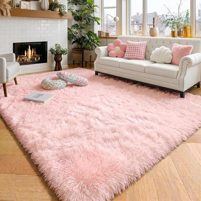 Amdrebio Pink Area Rug 6x9 for Girls Bedroom, Large Shag Fluffy Rugs for Living Room Decor, Cute Fuzzy Furry Carpet for Kids, Baby, Teen, Classroom, Nursery, Soft Plush Floor Rug for Playroom, Office