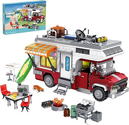 CSNRHG Camping Van Construction Toy 924 Pieces Building Block Set with Picnic Table Grill & Fire Scene Gift for Kids Teens & Vehicle Fans