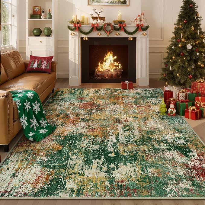 RELEANY Washable 6'x9' Abstract Area Rug for Living Room Green Multi | carpet for bedroom, kitchen, office, hallway and entryway, printed pattern, non-slip, soft, stain-resistant, easy to clean