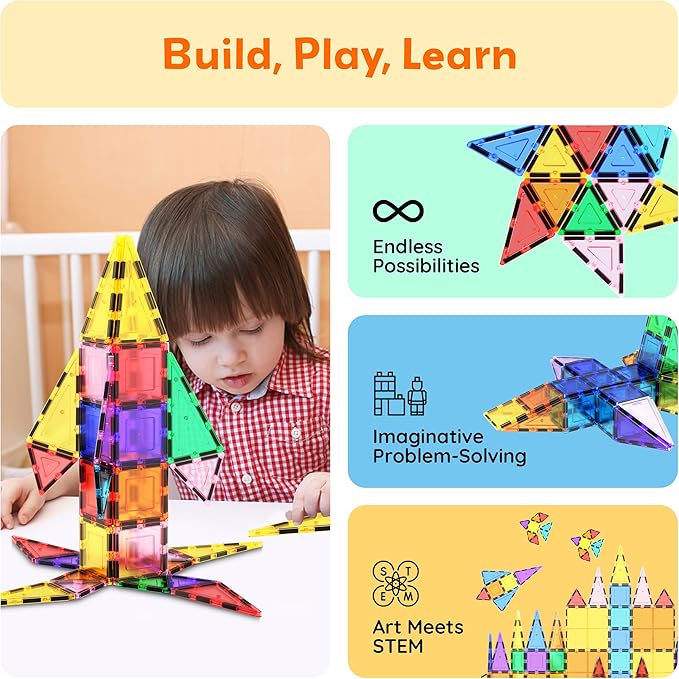 PicassoTiles Magnetic Tiles 101pcs Magnet Tile Building Blocks STEM Toy Set with Storage Case Educational Construction Kit for Kids Toddlers Boys Girls Age 3 Plus Travel Learning Carry Bin PB101