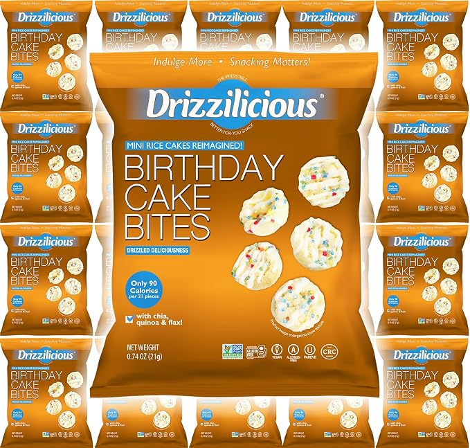 Drizzilicious Mini Flavored Rice Cakes Birthday Cake - Rice Crisps, Healthy Snack for Adults and Kids, Vegan, Gluten Free Snack, Allergen Free, Only 90 Calories Per Bag - 0.74 oz (Pack of 20)