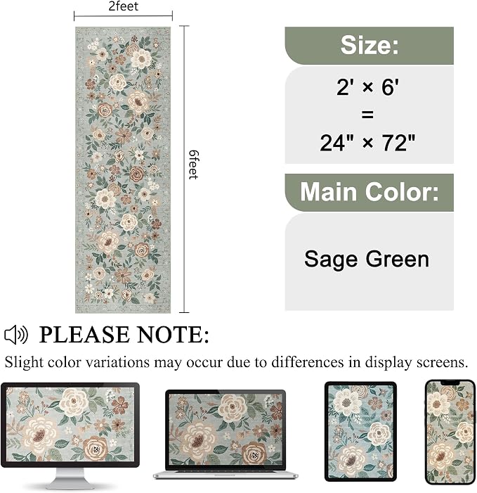DUKINO 2x6 Runner Rug for Hallway Washable Kitchen Rugs Non Slip Sage Green | Low Pile, Soft, Floral Indoor Rug for Entryway, Bedroom, Laundry, Bathroom, Pet Friendly, Lightweight, Modern Home Decor